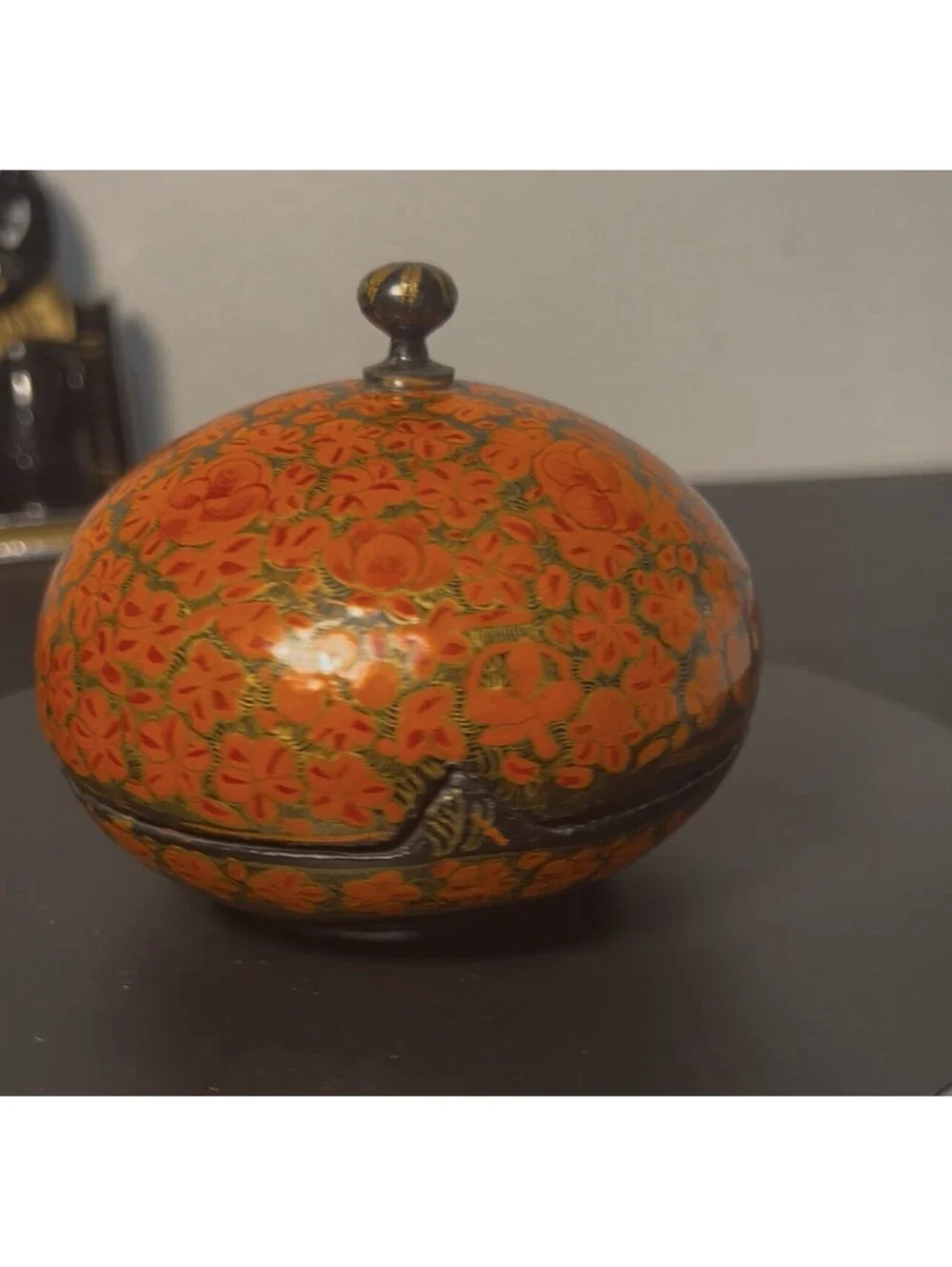 India Vintage 1970s Kashmiri Gulkari Floral Papier-Mache Lidded Box, 4x4”